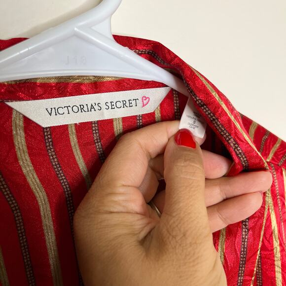 Victoria's Secret Satin Sleep Shirt Dress Long Sleeve Button Down Striped Red S - Picture 7 of 8